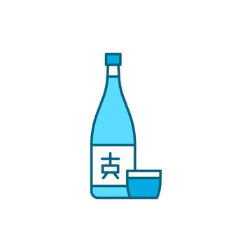 recommend clip art: Sake bottle and glass color line icon. Alcoholic beverages.