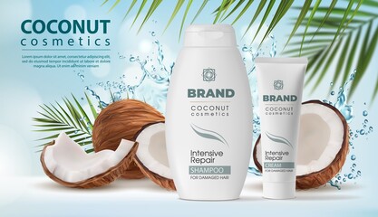 Coconut cosmetics, shampoo and cream packaging in water splash. Vector coconut palm tree fruit, nut shell and green leaves. Realistic 3d bottle and tube of natural products for hair care, ad poster - obrazy, fototapety, plakaty