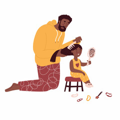 Father combing his daughter hair. Flat style in vector illustration. Family day, child  care, single father, black skin people, princess, accessories, updo, dress. Isolated on white background.
