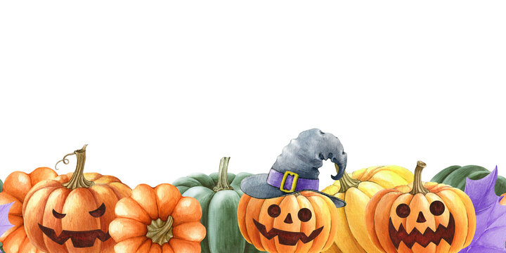 Halloween seamless border. Watercolor illustration. Hand drawn spooky halloween decor. Scary funny pumpkins decoration. Bright seamless festive border. White background