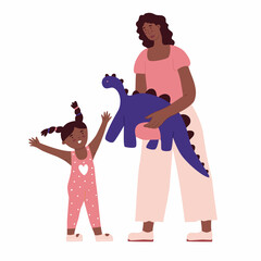Fototapeta premium Mom gives his daughter a toy dinosaur. Kid happiness. Flat style in vector illustration. Family day, child education, single mother, black skin people. Isolated on white background.