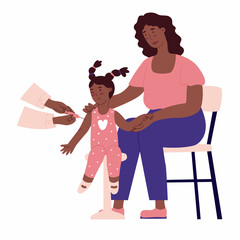 Mom helps daughter get vaccinated. Childhood vaccination, pandemic. Flat style in vector illustration. Family day, child education, single mother, black skin people. Isolated. Routine medical care.