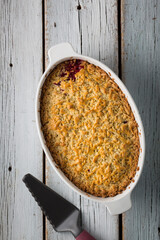 Recipe for organic plum cake, products on the rustic table.