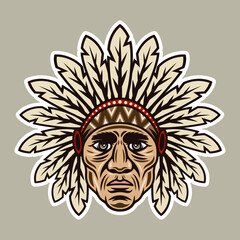 Chief head native american in traditional indian headdress with feathers vector illustration in colorful cartoon style isolated on light background