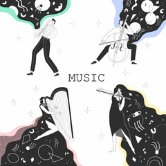 Musicians plays musical instrument. Orchestra, band, meditation, playing music, cello, harp, saxophone, viola. Isolated on white background. Vector illustration. Flat style. Festival poster.