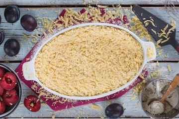 Home baked plum tart concept, traditional home cooking
