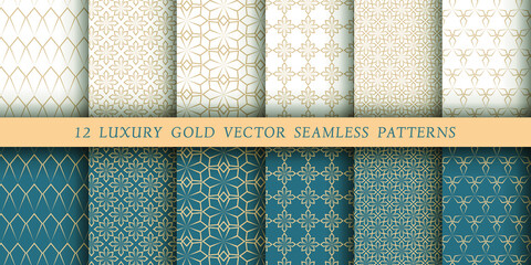 Set of 12 luxurious vector seamless patterns. Geometrical patterns on a white and emerald background. Modern illustrations for wallpapers, flyers, covers, banners, minimalistic ornaments, backgrounds.