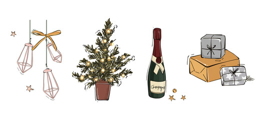 Merry Christmas design, festive garland , tree, champagne, gifts, presents vecto icons Noel