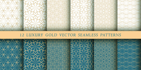 Set of 12 luxurious vector seamless patterns. Geometrical patterns on a white and emerald background. Modern illustrations for wallpapers, flyers, covers, banners, minimalistic ornaments, backgrounds.