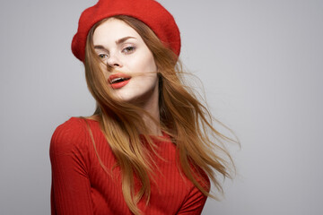 cheerful woman hand gesture fun Red lips luxury light background