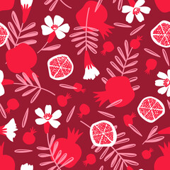 Seamless burgundy background with flowers, fruits and pomegranate leaves. Pomegranates, flowers and leaves are scattered over the background. Design for feminine fabric. Flat vector illustration.
