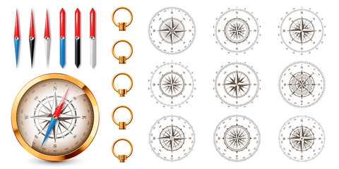 Realistic golden vintage compass with marine wind rose and cardinal directions of North, East, South, West. Shiny metal navigational compass. Cartography and navigation. Vector illustration.