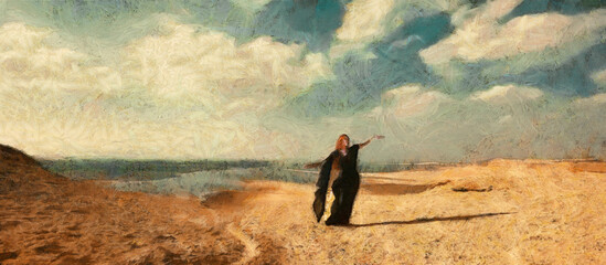 The woman in black is dancing on the background of the desert. Clouds in the sky. Artistic work