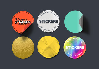 A set of blank round adhesive paper stickers in various states and colours. Isolated label collection vector illustration. - 457114046