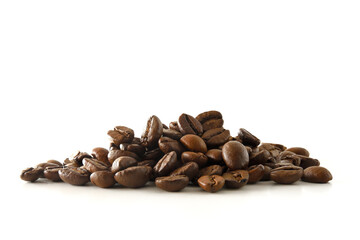Pile of coffee beans in center of white table front