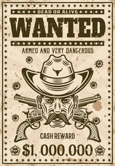 Wanted vintage western poster template, cowboy head with mustache in hat, crossed guns, bullet holes vector illustration for thematic party or event. Layered, separate grunge texture and text