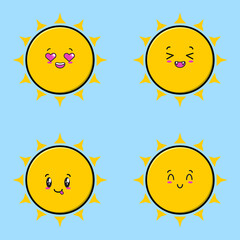 Set collection cute sun emoticon cartoon icon illustration design isolated flat cartoons style