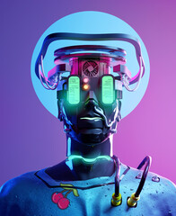 Cyber portrait of a human fused with futuristic technology. Creative 3D people illustration.