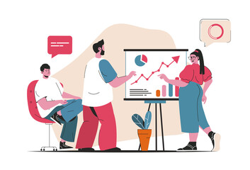 Business meeting concept isolated. Presentation of report and discussion of strategy. People scene in flat cartoon design. Vector illustration for blogging, website, mobile app, promotional materials.