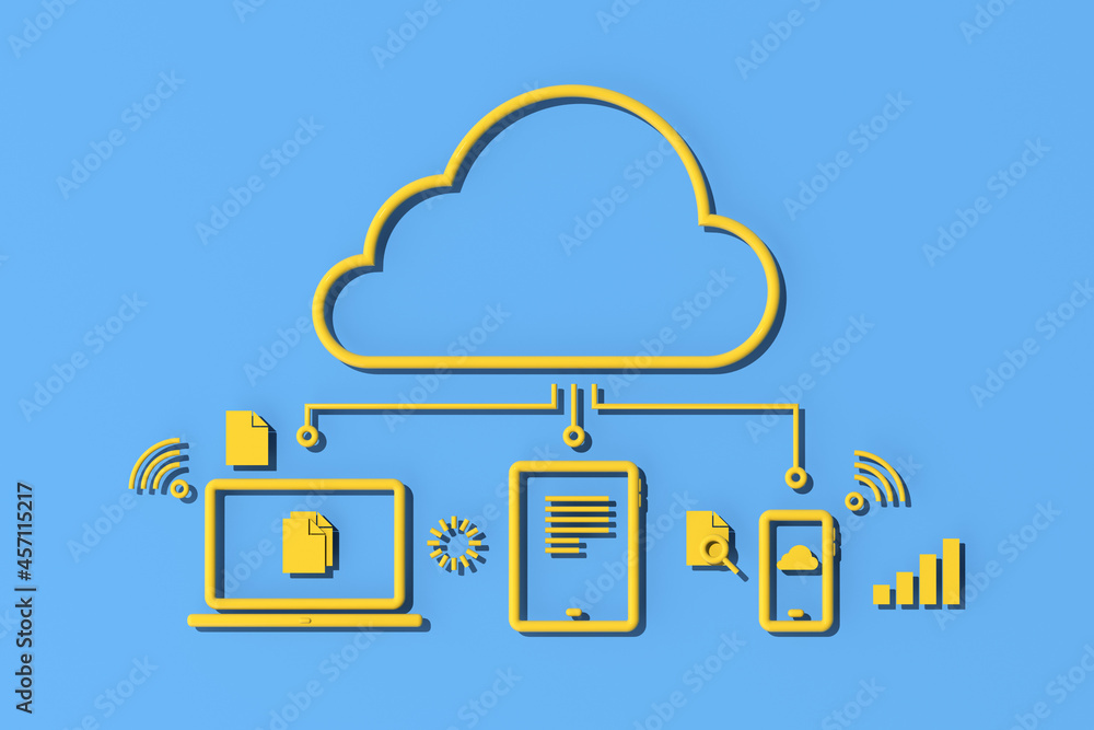Poster Illustration of cloud computing concept design, Outline style. 3d rendering.