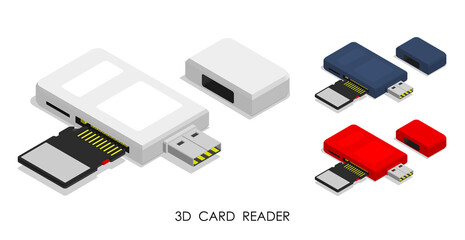 Isometric USB CARD READER. Adapter for connecting external digital media. Realistic 3d vector isolated on white background