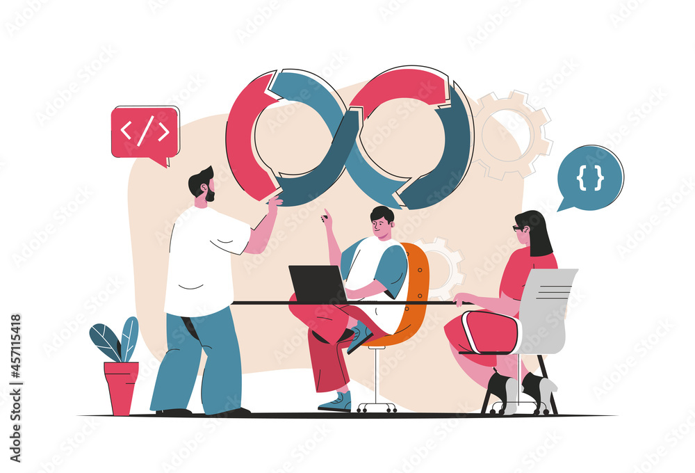 Fototapete DevOps concept isolated. Software development in team, processes organization. People scene in flat cartoon design. Vector illustration for blogging, website, mobile app, promotional materials.