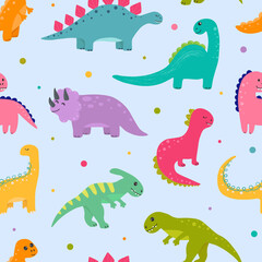 Fototapeta premium Vector seamless childish pattern with colorful dinosaurs. Baby background for nursery, wrapping paper, fabric, textile. Funny little dinosaur.