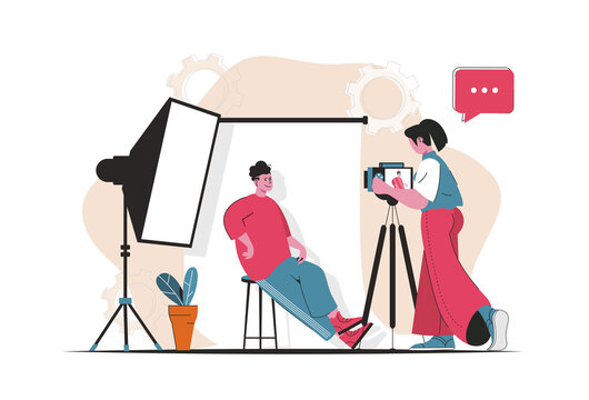 Photo studio concept isolated. Photographer makes photo session for posing man model. People scene in flat cartoon design. Vector illustration for blogging, website, mobile app, promotional materials.