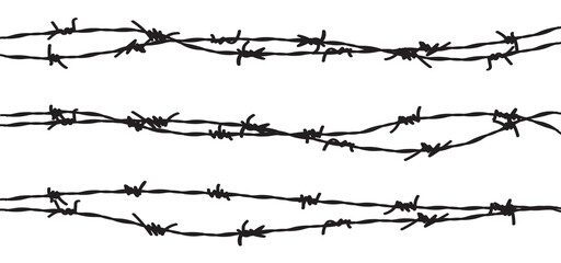 Barbed wire vector fence barbwire border chain. Prison line war barb background metal silhouette - obrazy, fototapety, plakaty