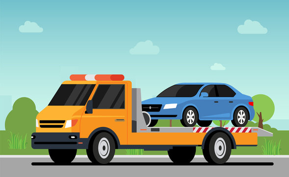 Car Tow Truck Accident Roadside Assistance. Crash Breakdown Flatbed Blue Car Recovery Tow Truck