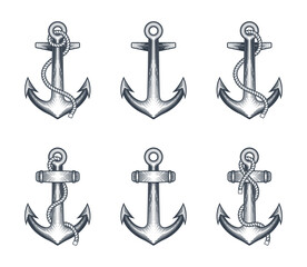 Anchors clip-art collection set. Vector illustration of classic retro nautical anchor in engraving technique. © Sergj
