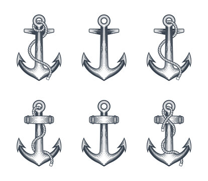 Anchors clip-art collection set. Vector illustration of classic retro nautical anchor in engraving technique.
