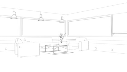 Interior outline with armchairs, sofa and table. Guest room for relaxation. Vector illustration