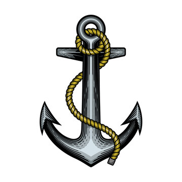 Ship Anchor. Vector illustration of classic retro nautical anchor in engraving technique.