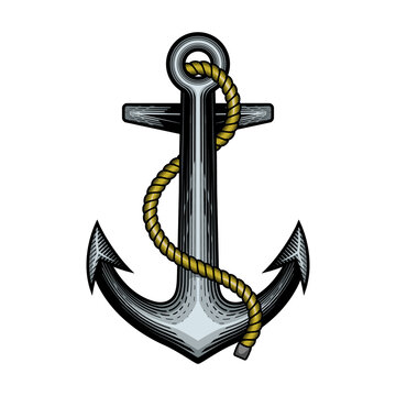 Ship Anchor. Vector illustration of classic retro nautical anchor in engraving technique.