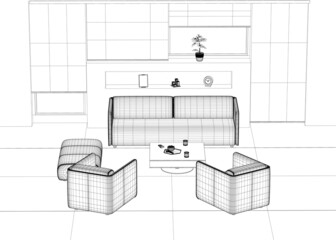 Interior outline with armchairs, sofa, table and TV. Wireframe of the guest room for relaxation. 3D. Vector illustration