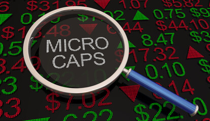 Fototapeta premium Micro Caps Stock Market Investment Business Company Share Prices Magnifying Glass 3d Illustration