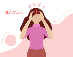 Headache illness. Sick woman holds her head and feels pain. Disease concept. Vector flat illustration