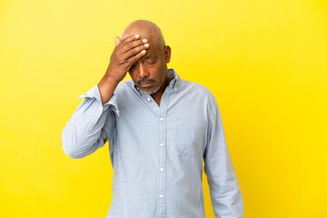 Cuban Senior isolated on yellow background with headache