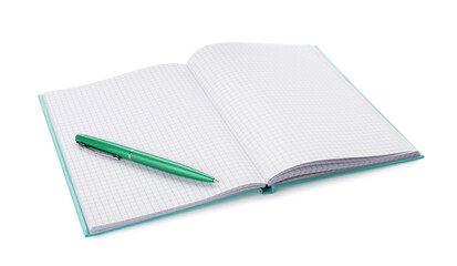 Open notebook with blank sheets and pen isolated on white