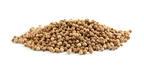 Heap of dried coriander seeds on white background