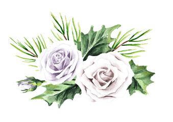 Winter  wedding bouquet. Hand drawn watercolor illustration isolated on white background