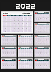2022 Year Calendar planner design template. Week starts on Sunday