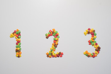 Numeral One hundred twenty three from sweet pastry topping in the form of colorful foliage on a white background.