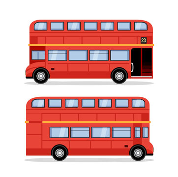 London double decker red bus cartoon illustration, English UK british tour front side isolated flat bus icon