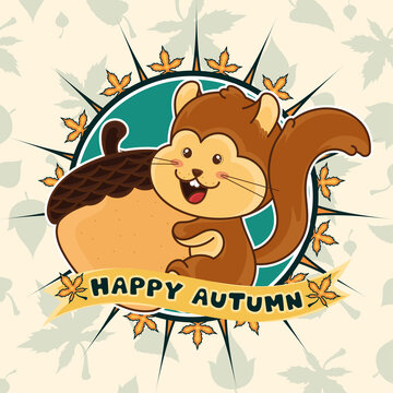 Happy squirrel hugging a nut Happy autumn image