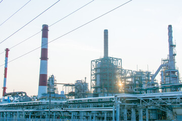 Route M6. Russia. September 20, 2020. Oil and gas refinery with pipeline steel fittings. A close-up view of an industrial oil refinery.