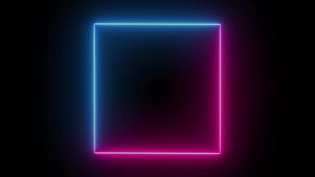 Neon glowing square frame. Glowing neon lights for video production, advertising banner, transition. Looped seamless loop in 4K.