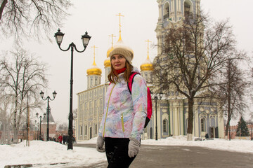 Russia, Tula. January 9, 2021. Christian church with golden domes in winter.