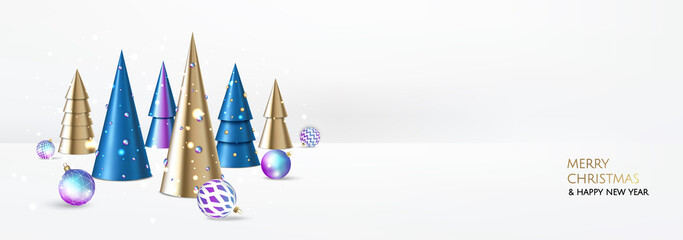 Merry Christmas and Happy New Year. Xmas Festive background with realistic 3d objects, blue and gold balls, conical christmas tree. Levitation falling design composition.